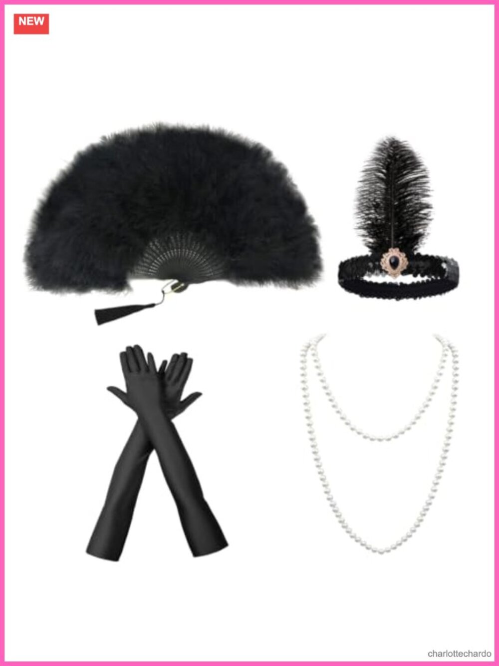 1920s Flapper Accessory Set Faux Pearl Necklace Gloves Feather Fan Costume